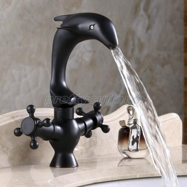 Black Oil Antique Brass Dolphin Bathroom Sink Faucet Mixer Basin Tap Oil Rubbed Bronze Dolphin Kitchen Sink Bathroom Basin Mixer Tap Faucet Pnf314