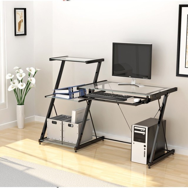Computer Desk 3 Shelf Book Case Glass Top Keyboard Tray Home Office