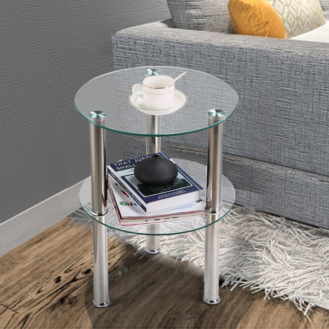 2 Tier Modern Clear Small Round Glass Sofa Side End Coffee Table 2 Tier Modern Clear Small Round Glass Sofa Side End Coffee Table Chrome Steel