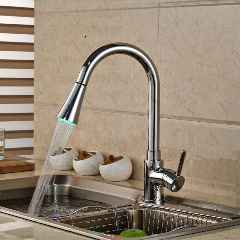 Polished Chrome Pull Out Color Changing Led Kitchen Sink Faucet Picture 1 Of 5