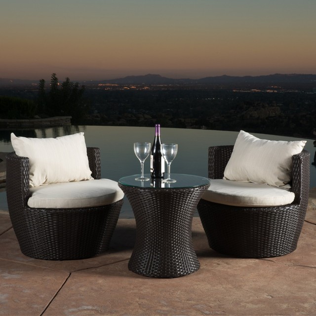 Kyoto Outdoor Patio Furniture Brown Wicker 3 Piece Chat Set W Outdoor Brown Wicker 3 Piece Chat Set With Beige Cushions