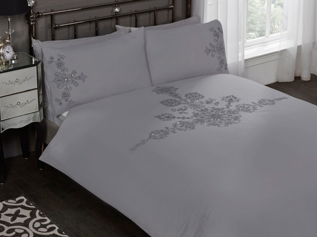 Amelie Glistening Embroidered Luxury Detailed Bedding Duvet Cover Grey Luxury Bedding Set Duvet Cover Flower Embroided Pattern With Diamantes