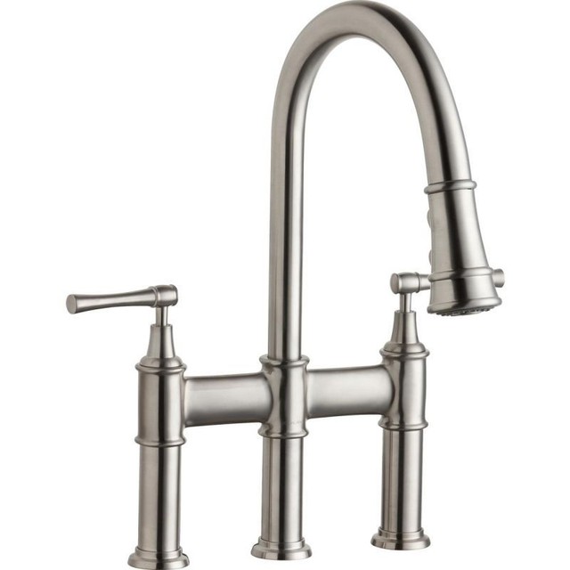 Elkay Bridge Kitchen Faucet With Pull Down 3 Function Spray Elkay Lkec2037ls Explore Three Hole Bridge Faucet With Pull Down Spray And Lever