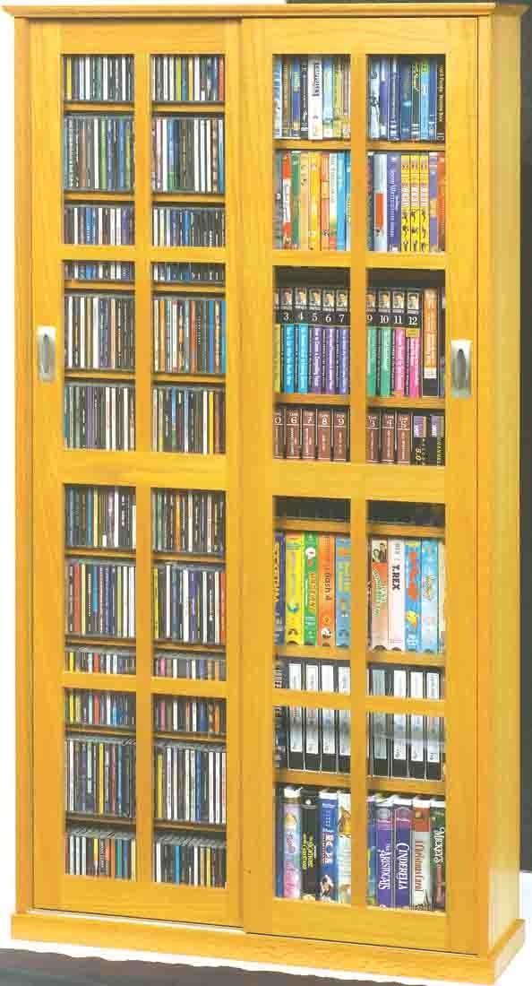 Sliding Glass 2 Door Multimedia Storage Cabinet In Natural Oak By Picture 1 Of