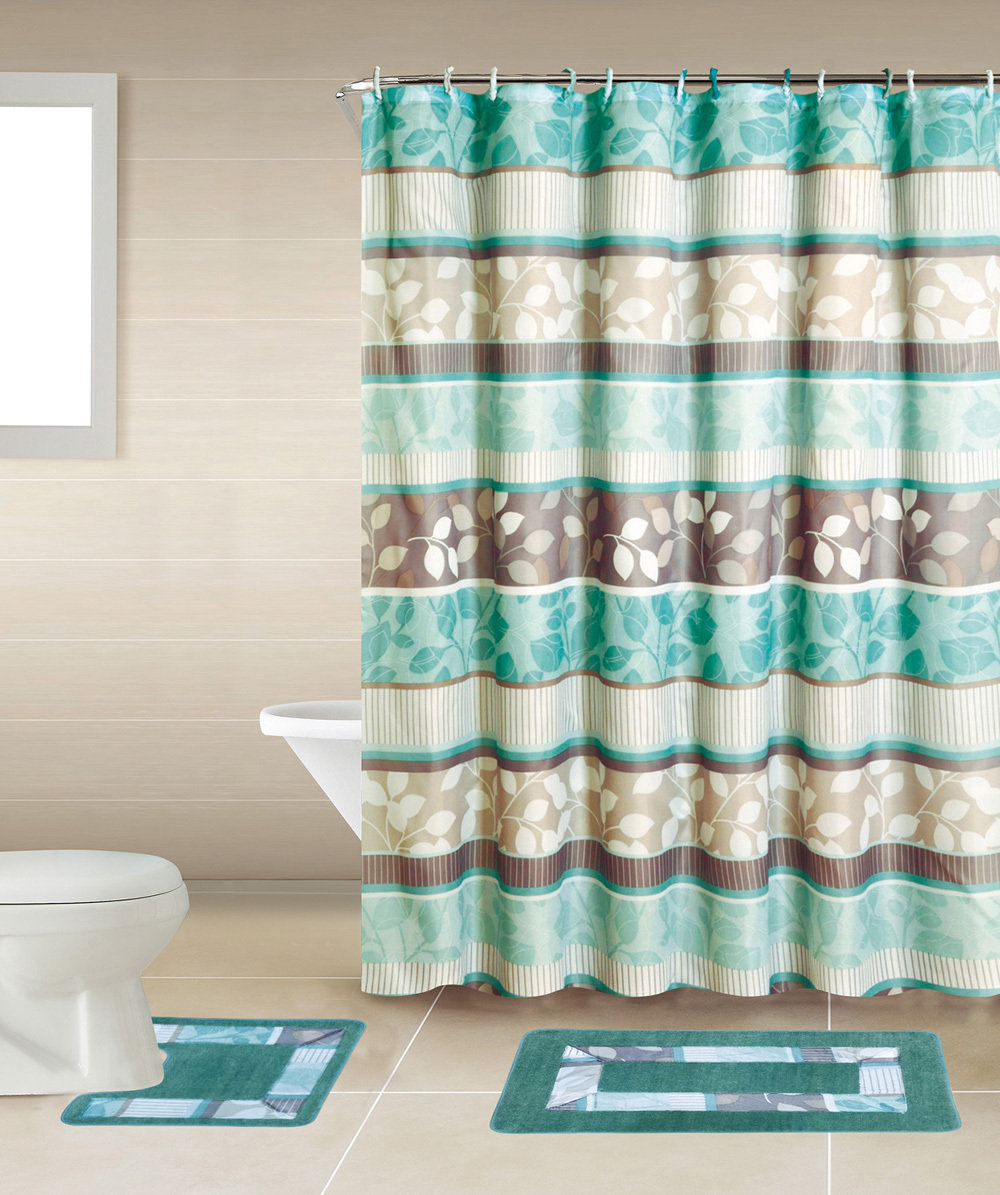 Turquoise Fl Multi 15 Pcs Modern Shower Curtain With Hooks Picture 1 Of