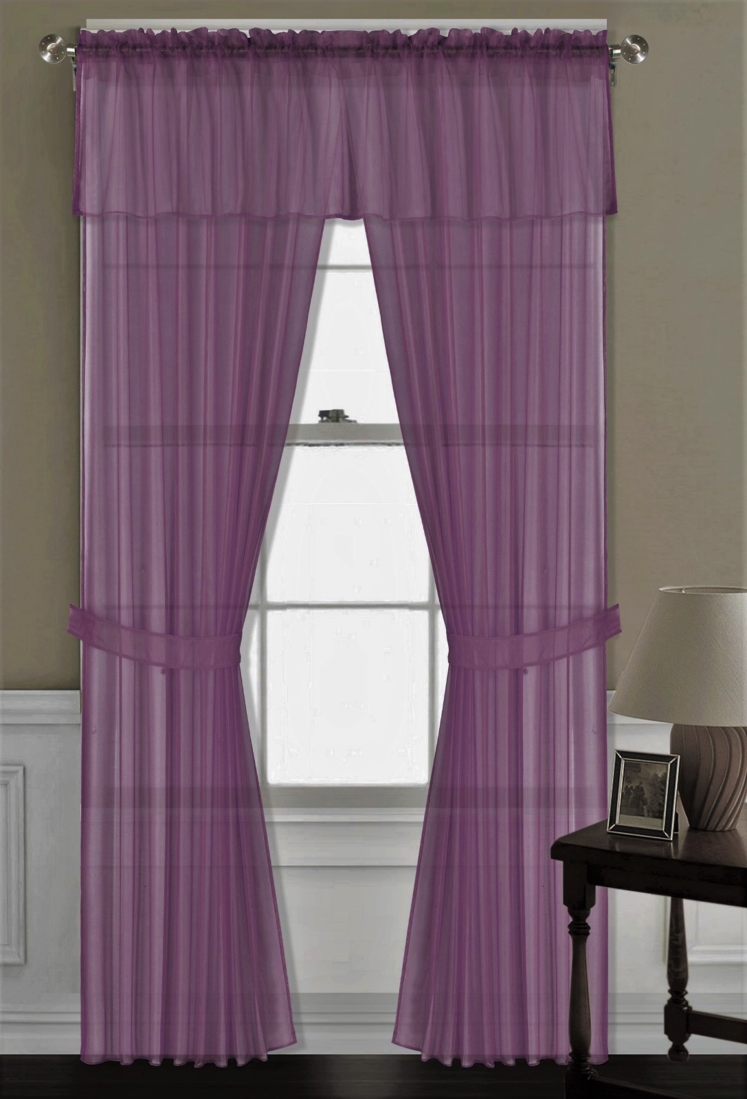5pc Plum Purple 2 Sheer Window Curtain Panel 1swag Scarf Valance Picture 1 Of