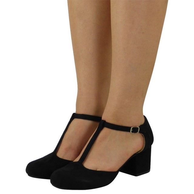Womens Las T Bar Shoes Buckle Strap Office Work Comfy Low Mid Picture 2 Of 5