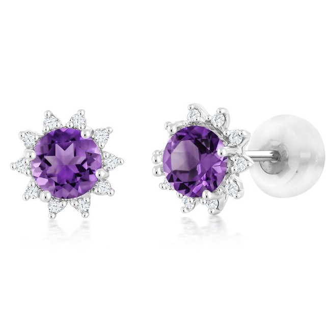 18k White Gold Diamond Stud Earrings Round 4mm Purple Amethyst 0 48 18k White Gold Diamond Stud Earrings Round 4mm Purple Amethyst 0 48 Ct