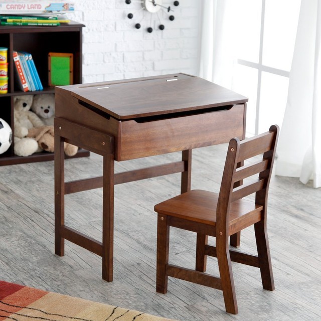 Lipper International 564wn Child S Slanted Top Desk And Chair Schoolhouse Desk And Chair Set Walnut 1