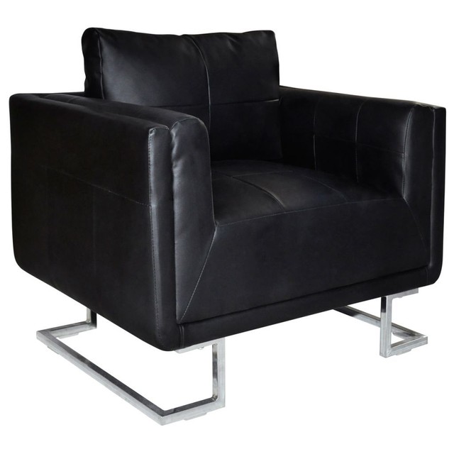 Contemporary Cube Club Chair Accent Armchair Real Leather Chrome Contemporary Cube Club Chair Accent Armchair Real Leather Chrome Frame Black