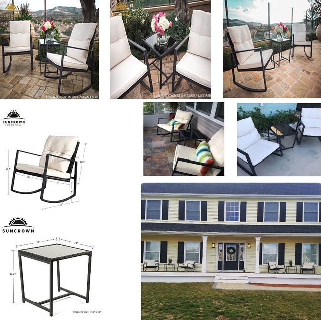 Outdoor 3pcs Rocking Wicker Bistro Set Furniture Two Chairs Glass 3 Piece Rocking Wicker Set Furniture 2 Outdoor Chairs Coffee Table Bistro Xmas