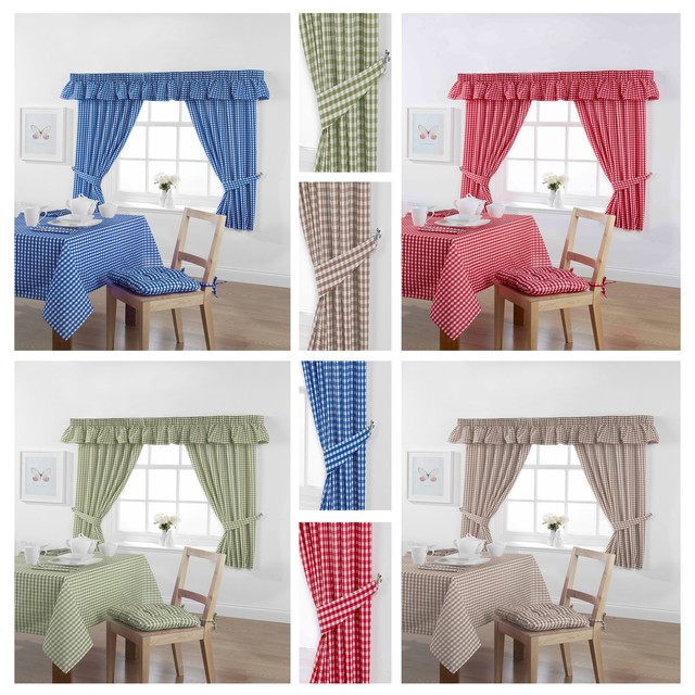 Country Look Gingham Check Curtain Tablecloth Napkin Dinner Set Gingham Unlined Pencil Pleat Tape Top Curtains Inc Tiebacks Free Delivery