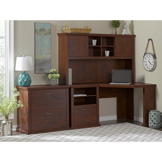 Corner Desk Hutch Lateral File 60w Wood Home Office Furniture Yorktown Corner Desk Hutch Lateral File Cabinet In Antique Cherry