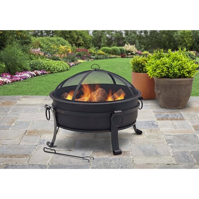 Patio Fire Pit Outdoor Wood Steel Mesh Cover Round Cauldron Firepit Fire Pit Fireplace Outdoor Round Patio Bowl Wood Burning Steel Portable