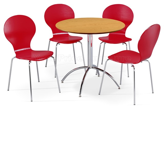 Dining Set Round Natural Table And 4 Red Chairs Chrome Keeler Dining Set Round Natural Table And 4 Red Chairs Chrome Keeler Kitchen Cafe Style