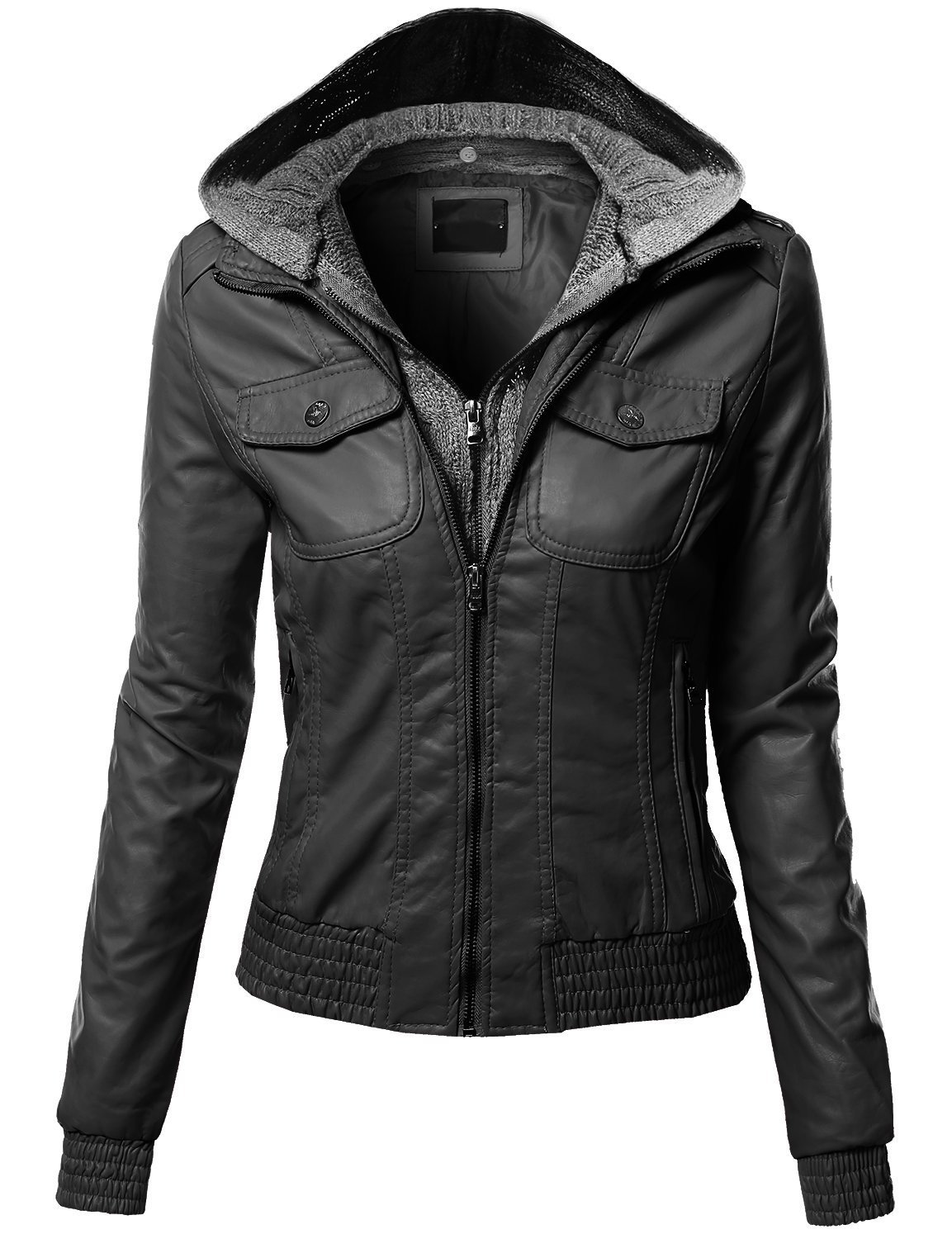 Womens Zip Up Biker Er Knit With Hoo Faux Leather Jackets Picture 3 Of