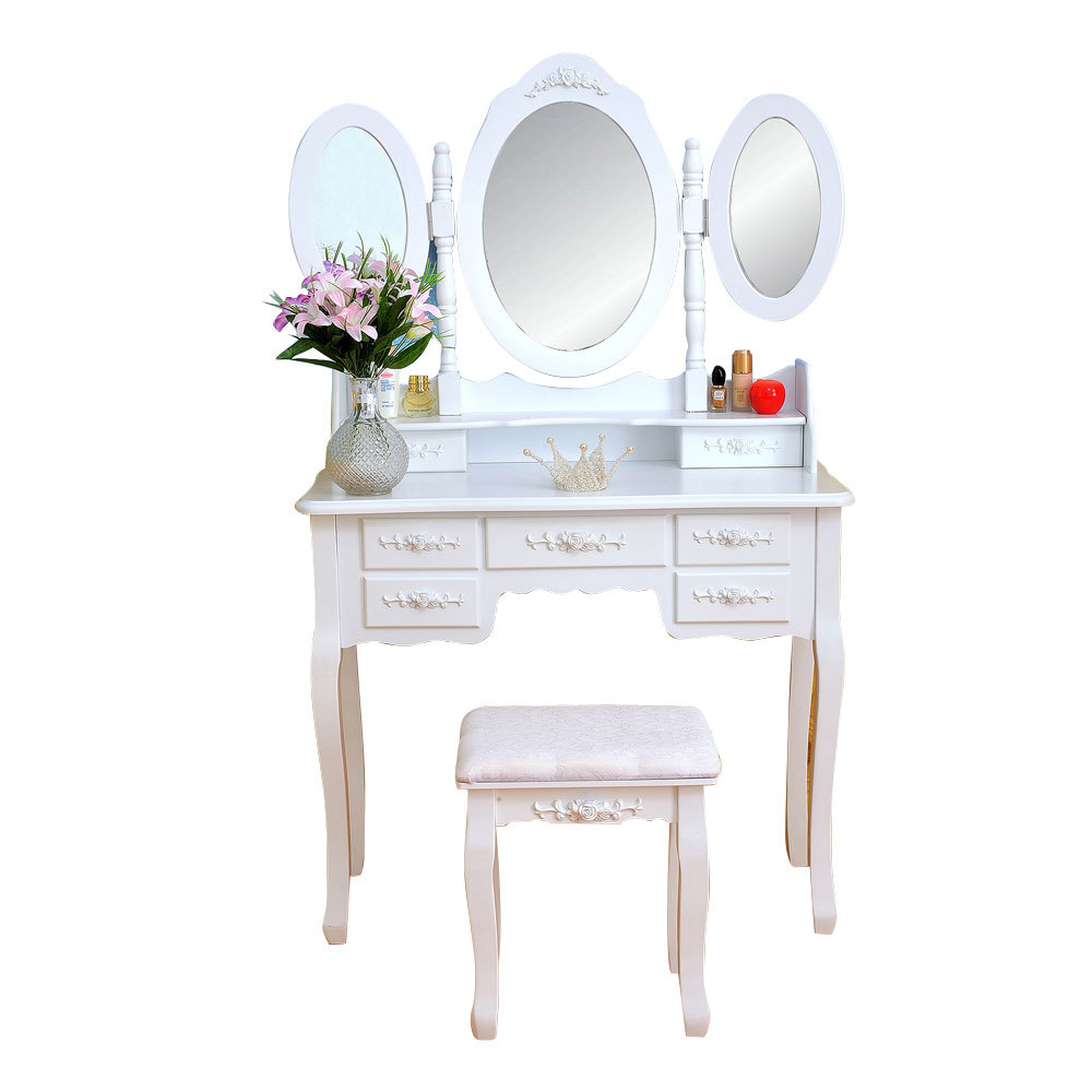 Tri Folding Mirror White Wood Vanity Set Makeup Table Dresser 7 Picture 1 Of 8