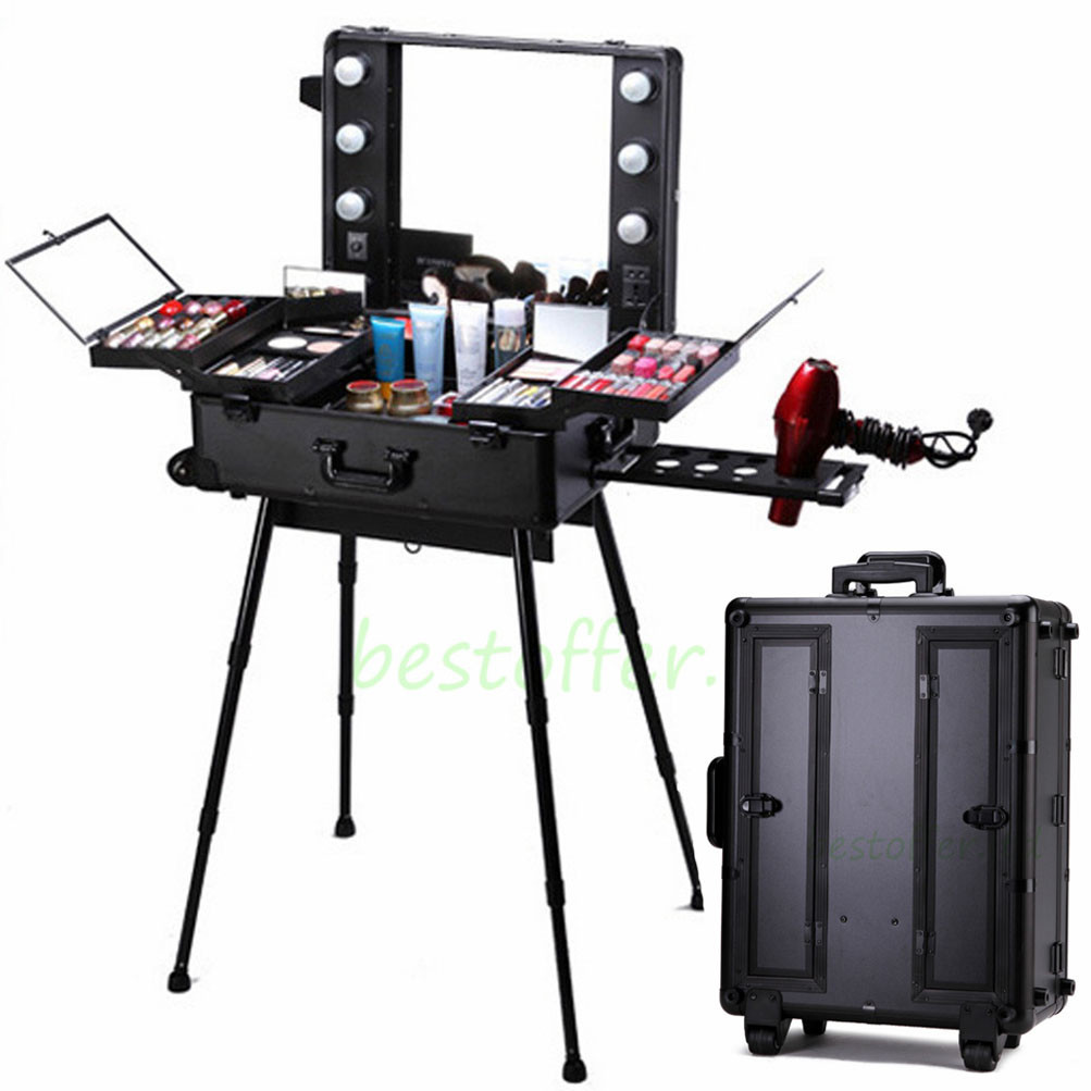 Lighted Mirror Makeup Station Cosmetic Case Wheeled Salon Studio Lighted Mirror Makeup Station Cosmetic Case Wheeled Salon Studio Trolley Legs Black