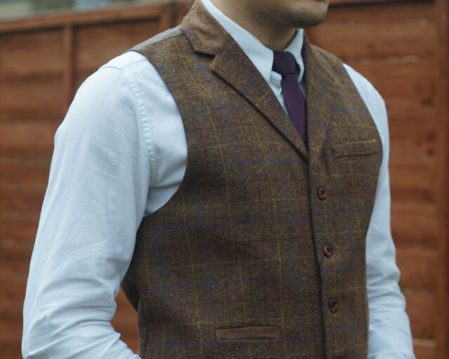 Mens MILANO Tweed Collared Waistcoat Check Notched Lapel S to XXL ...
