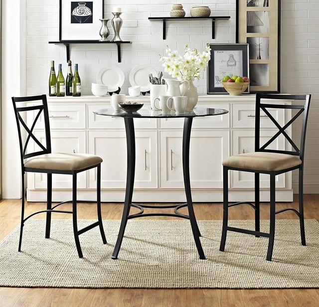 3 Piece Counter Height Dining Set 2 Upholstered Chairs 1 Round Glass 3 Piece Counter Height Dining Set 2 Upholstered Chairs 1 Round Glass Table New