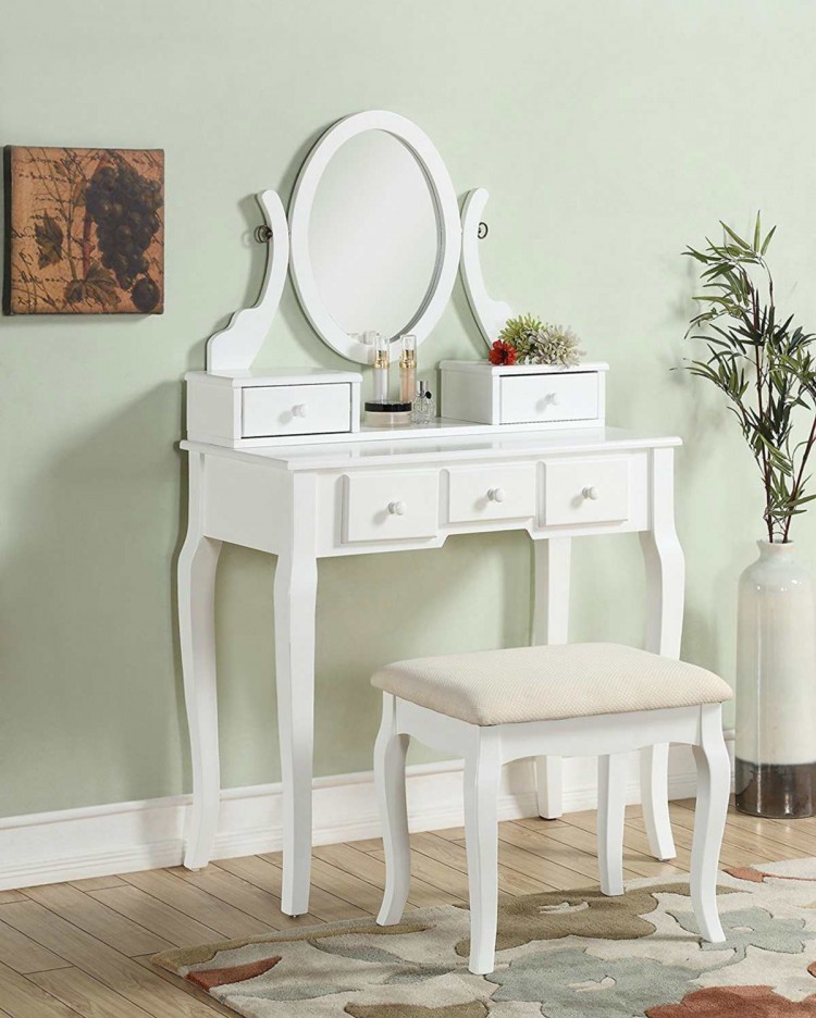 White Vanity Set 3 Pc Makeup Desk Table 5 Drawers Stool Mirror Picture 1 Of 5