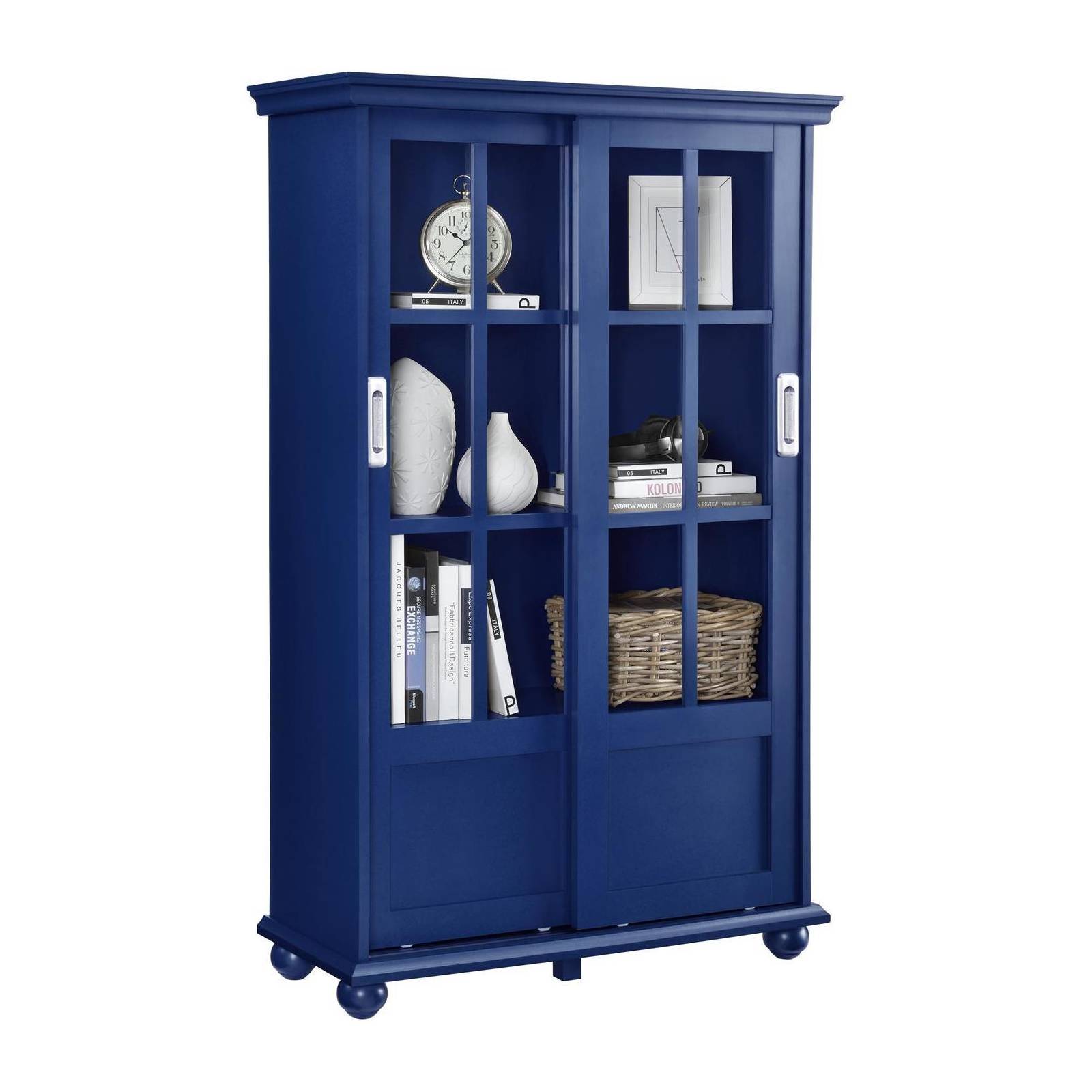 Altra Aaron Lane 4 Shelf Bookcase With Sliding Glass Doors In Navy Altra Aaron Lane 4 Shelf Bookcase With Sliding Glass Doors In Navy