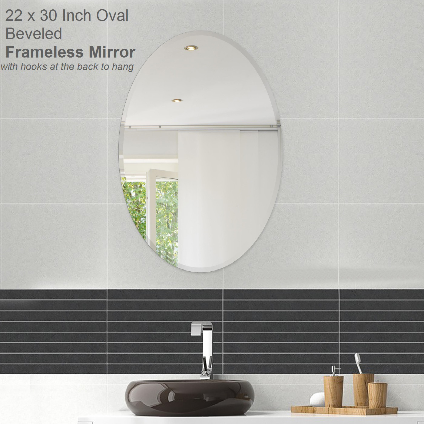 24 X 48 Inch Oval Beveled Polish Frameless Wall Mirror With Hooks Brand New T