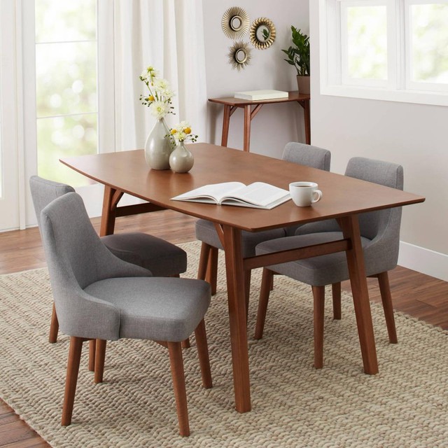 Mid Century Modern Dining Set Kitchen Wood Table Pecan 4 Upholstered Grey Chairs Mid Century Modern Dining Set Kitchen Wood Table Pecan 4 Upholstered Grey Chairs