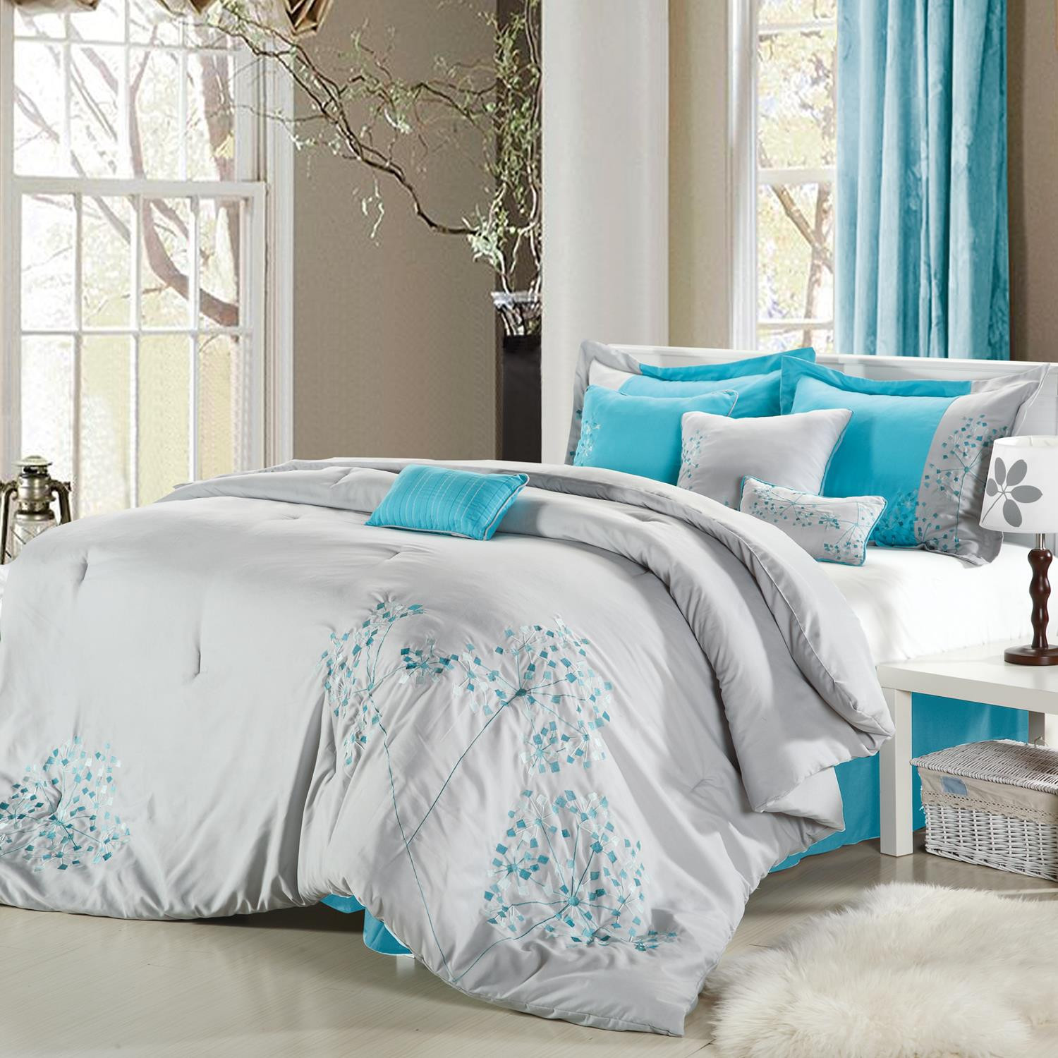 Pink Fl Grey Aqua Comforter Bed In A Bag Set 8 Piece Queen Picture 1 Of