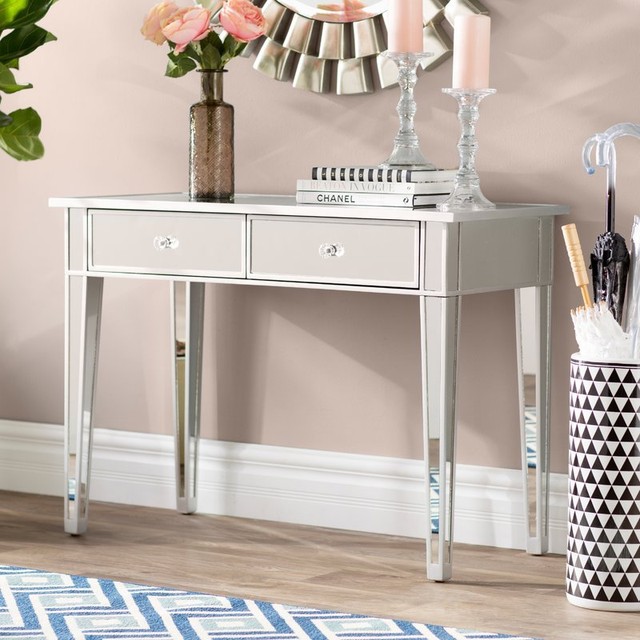 Mirrored Console Table Furniture Living Room 2 Storage Drawers Mirrored Console Table Furniture Living Room 2 Storage Drawers Silver Trim Hall