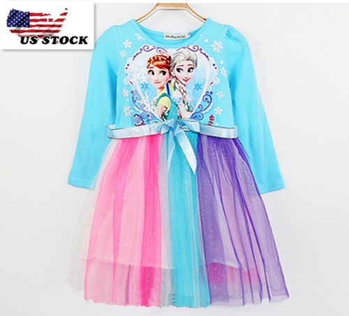 Girls Princess Frozen Queen Elsa Anna blue birthday Party Dress gift O58D