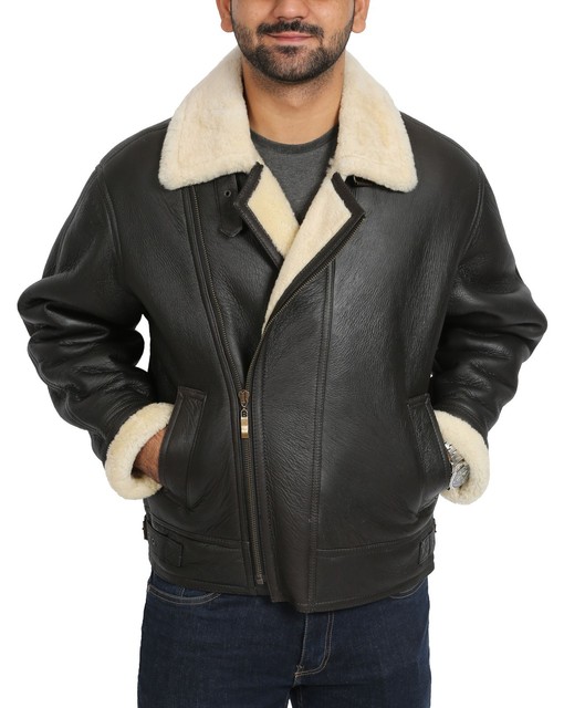 Mens Real Sheepskin Flying Leather Jacket Brown Shearling B3 Er Picture 10 Of 18