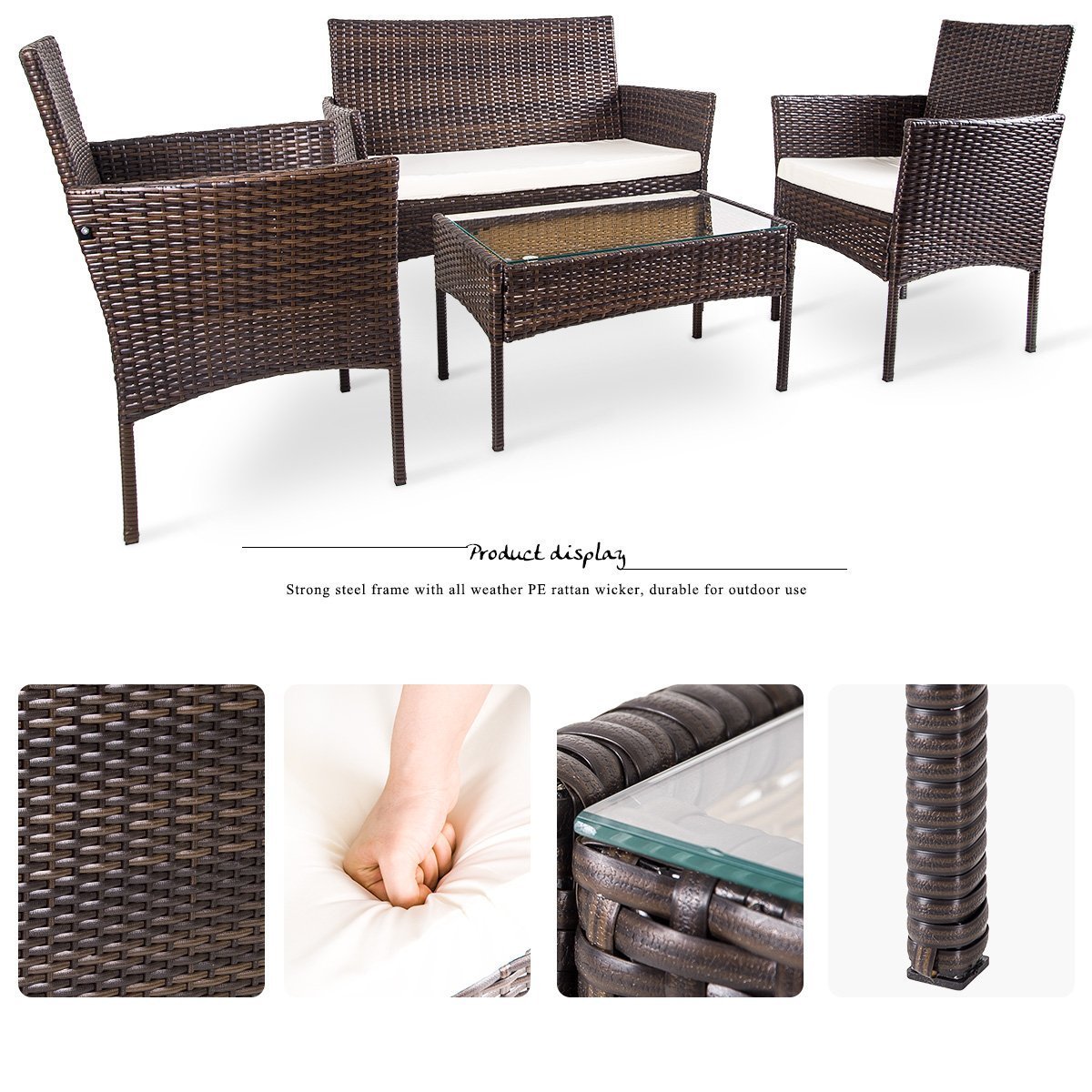Merax 4 Pc Outdoor Garden Rattan Patio Furniture Set Cushioned Seat 4