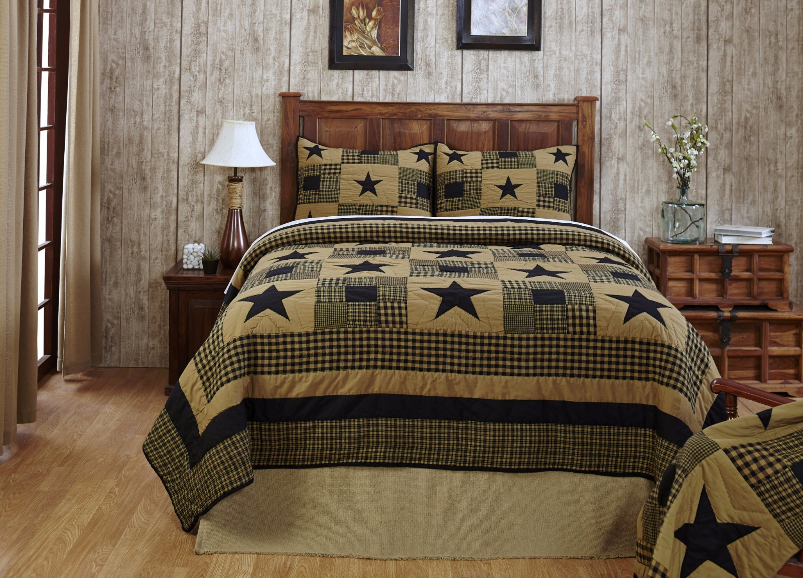 7 Pc Shiloh Star Queen Quilt Shams Euros Throw Primitive Black Tan Picture 1 Of 2