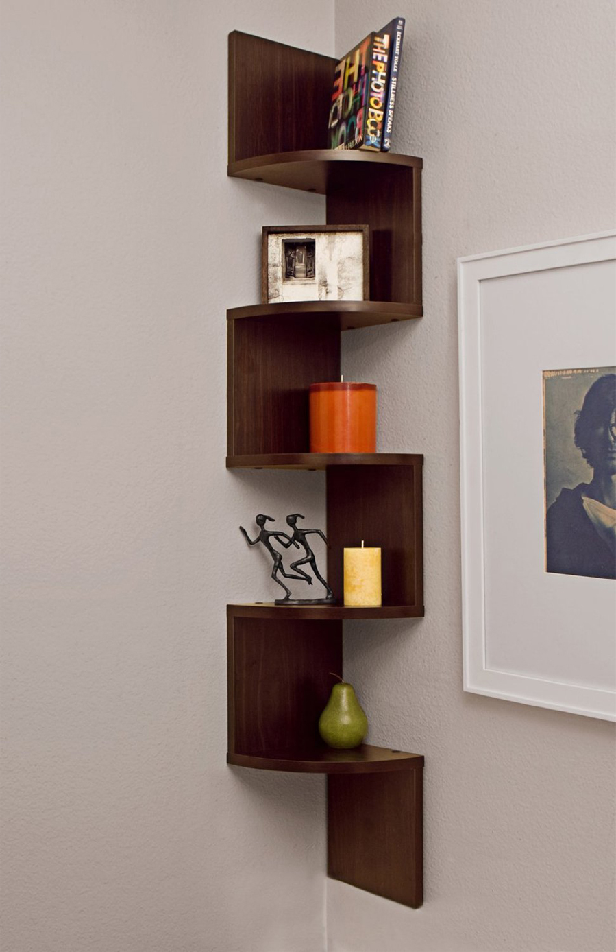 Corner Display Shelf Zig Zag Walnut Wall Mount Floating Bookshelf Picture 1 Of 5