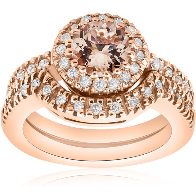 Pompeii 1 00 Cttw Morganite Diamond Engagement Ring Matching 1 Ct Morganite Diamond Halo Engagement Ring Wedding Set 14k Rose Gold