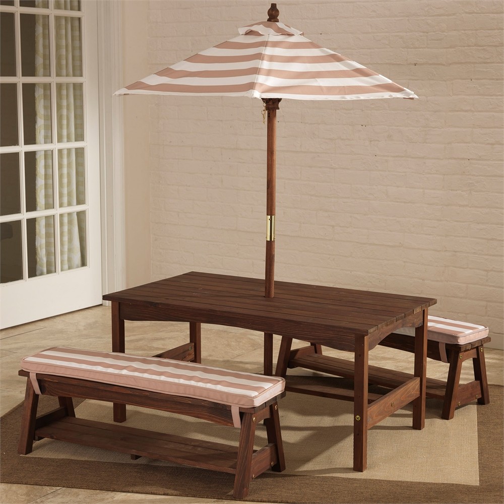 Outdoor Table Bench Set Cushions Umbrella Espresso Oatmeal White Picture 1 Of 2