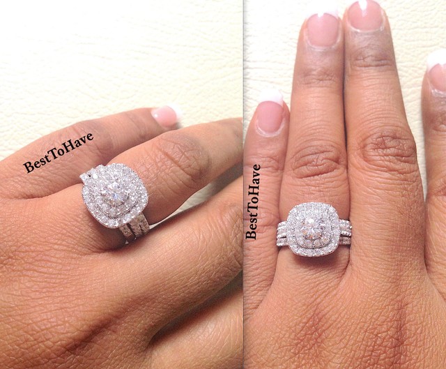 925 Silver Las 3 Piece Wedding Engagement Round Cut Halo Bridal 925 Silver Las 3 Piece Wedding Engagement Round Cut Halo Bridal Ring Set