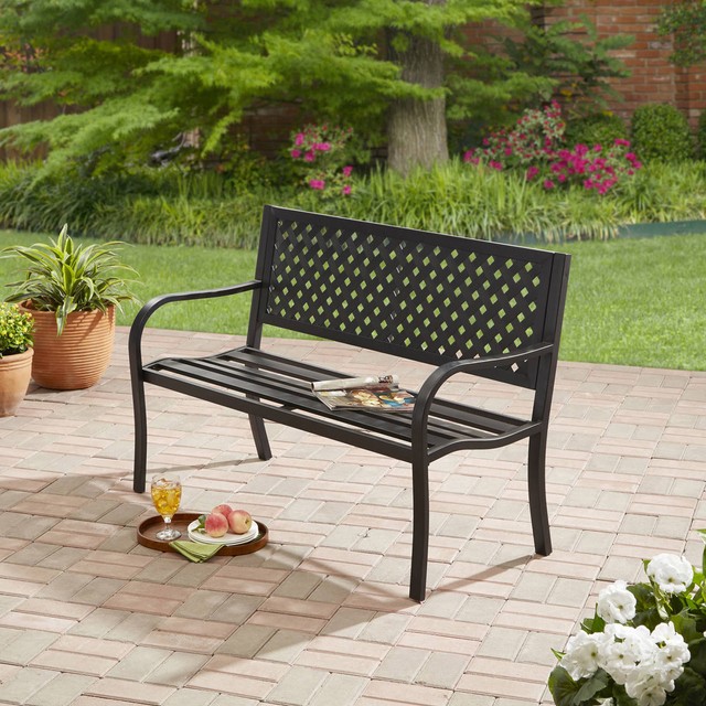 Outdoor Steel Bench Patio Chair Metal Garden Furniture Backyard Outdoor Steel Bench Patio Garden Yard Porch Furniture Seat Durable Frame Black
