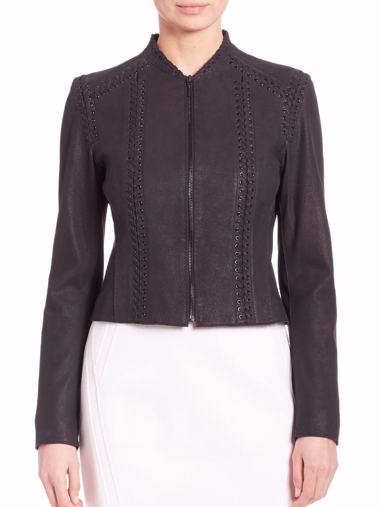 Elie Tahari Leather Lace Up Crop Janet Jacket Retail Size Large Picture 1 Of