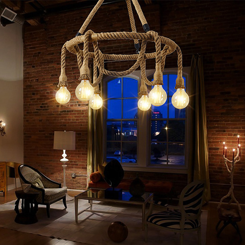 6light Vintage Industrial Pendant Lamp Retro Edison Nautical Manila Picture 1 Of 7