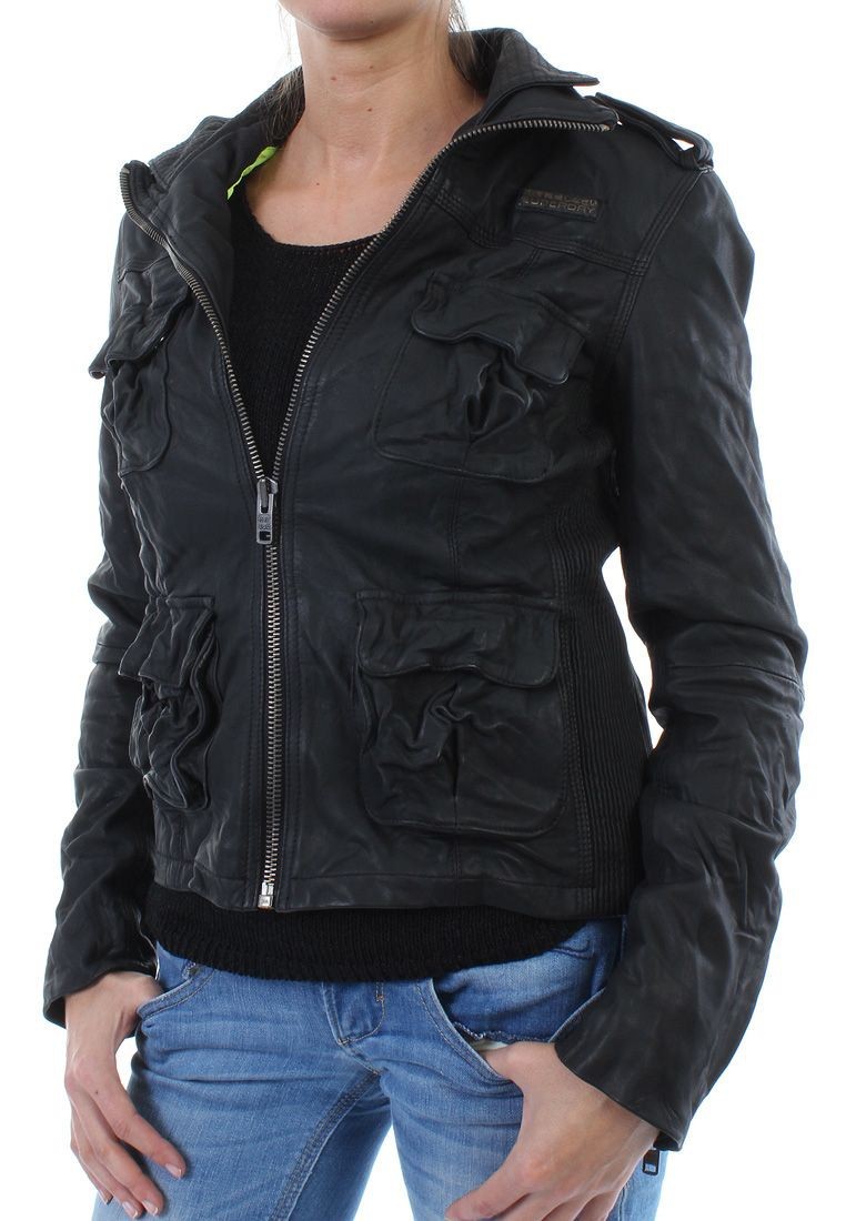 Superdry Leather Jacket Women Megan Track Slim Bison Black L Picture 1 Of 4
