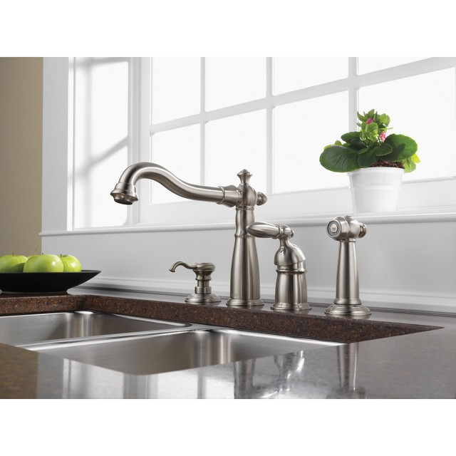 Delta Stainless Steel Victorian Kitchen Faucet W Spray And Soap Delta Stainless Steel Victorian Kitchen Faucet W Spray And Soap Dispenser D003cr