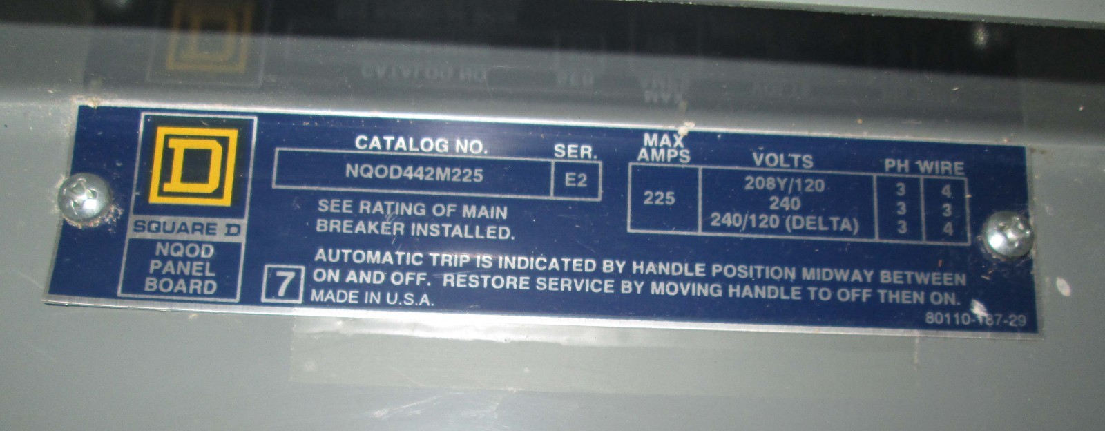 X Square D 150 Amp Panelboard 208/120 VAC 3 Ph 4 W Cat# NQOD442M225 ...