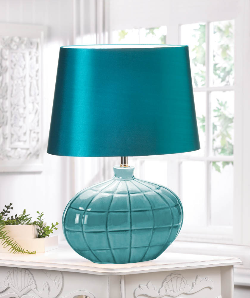 Set Of 2 Gallant Teal Ceramic Table Lamp Silken Shade Decor Brand New T