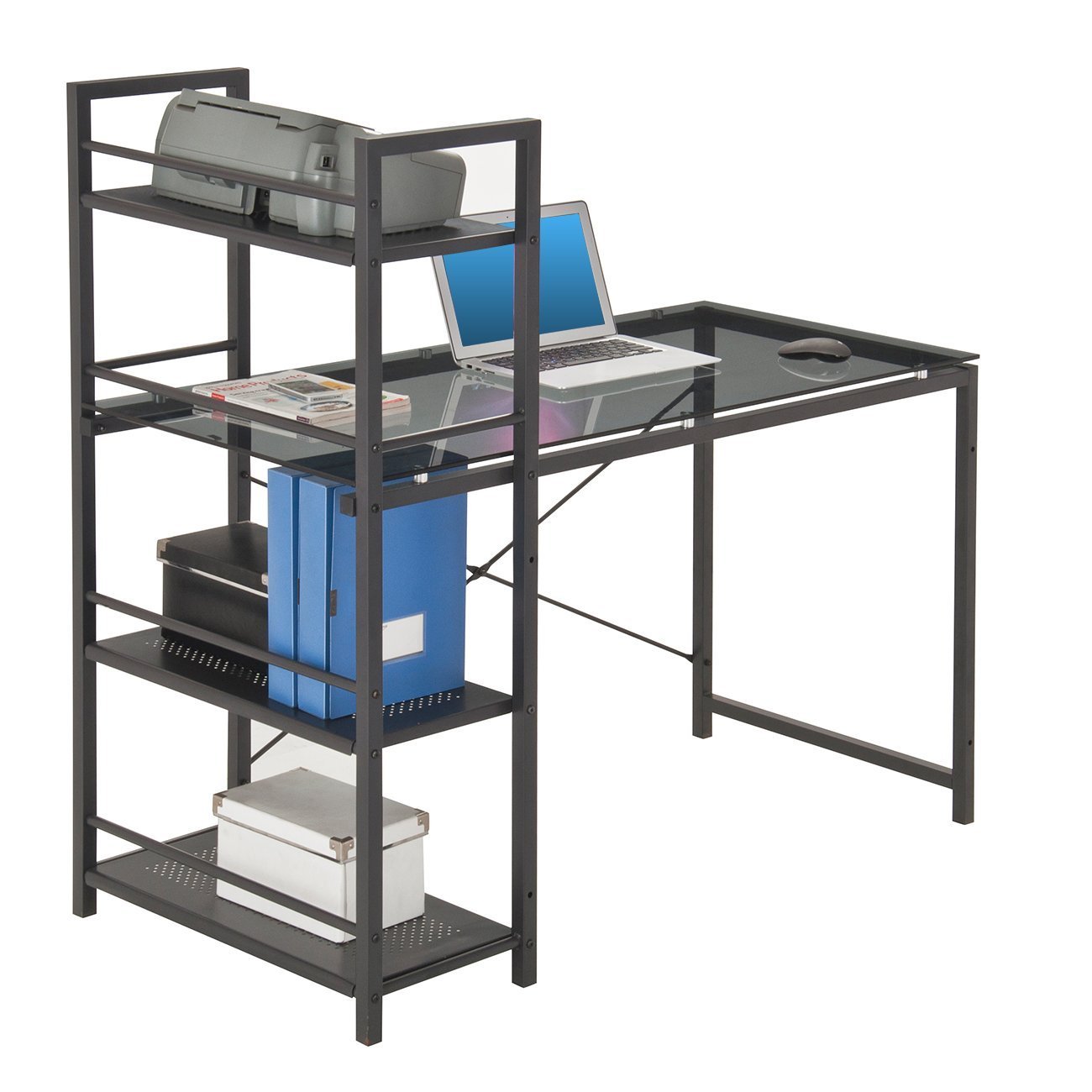 Techni Mobili Glass Top Computer Desk With 4 Shelf Metal Bookcase Picture 1 Of 7