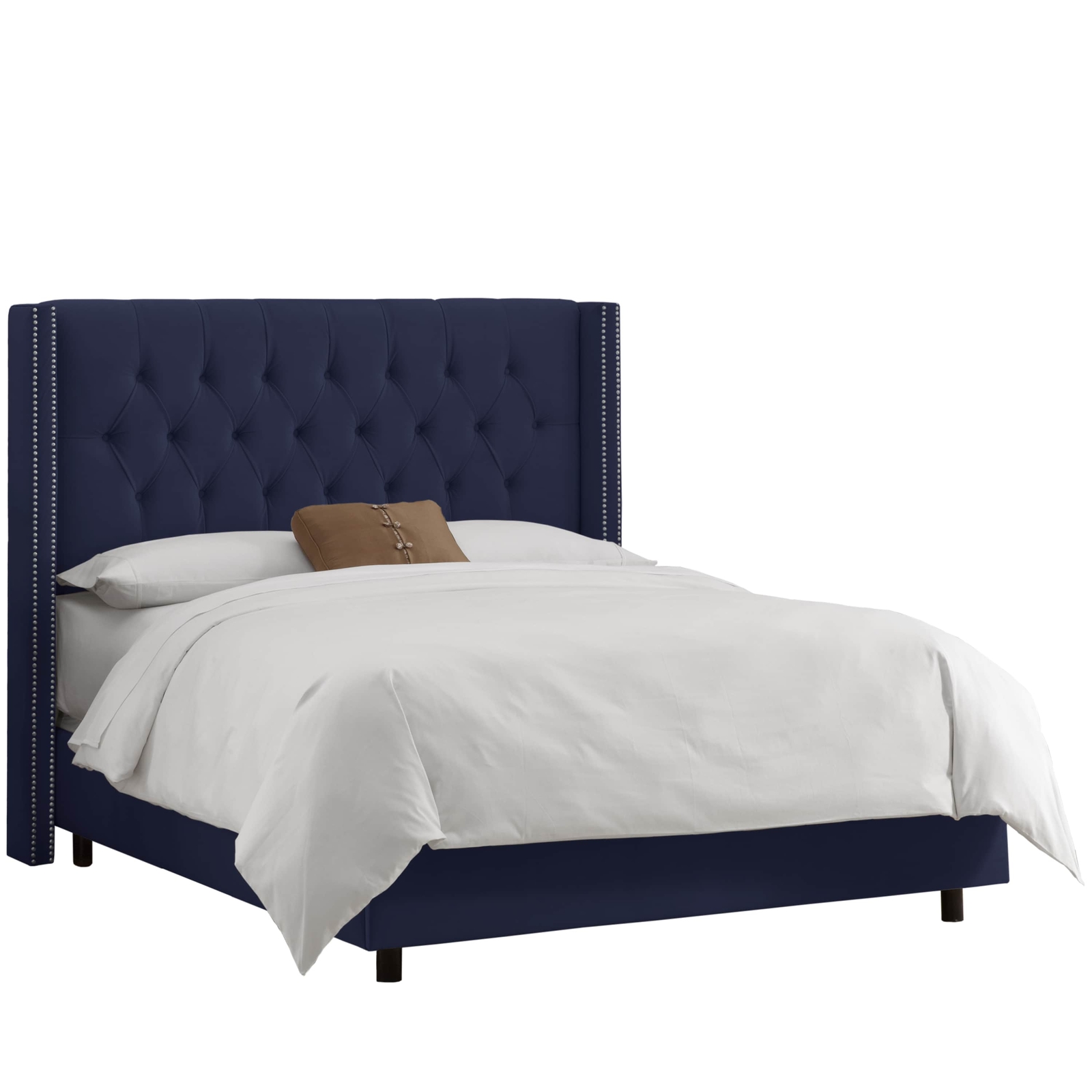 Skyline Upholstered Diamond Tufted Wingback Nail Queen Bed In Navy 1