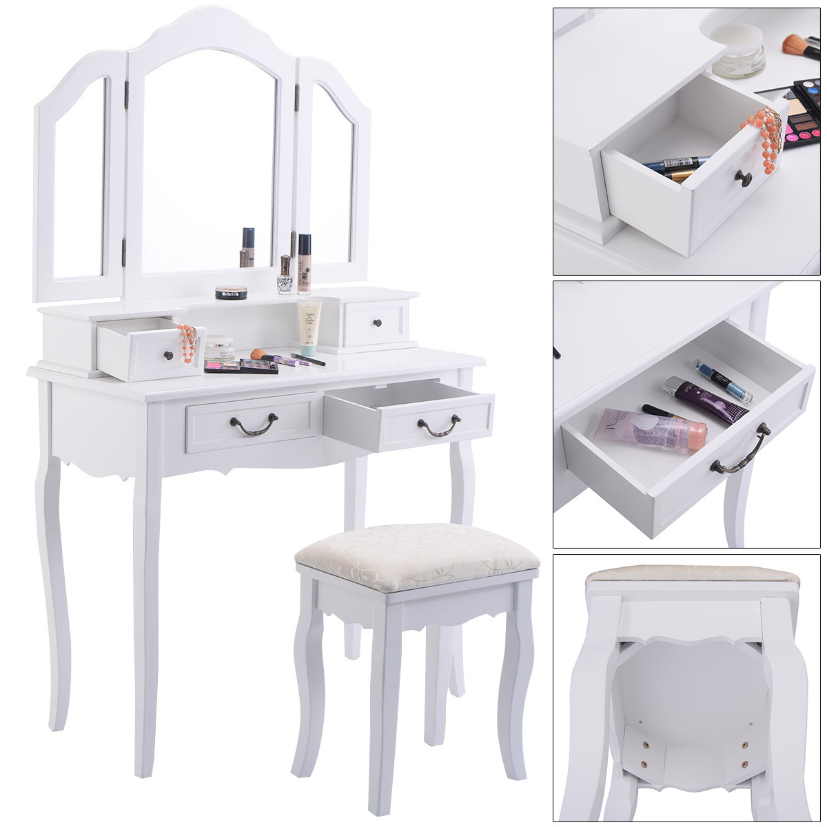 Tri Folding Mirror White Wood Vanity Set Makeup Table Dresser 4 Picture 1 Of 7
