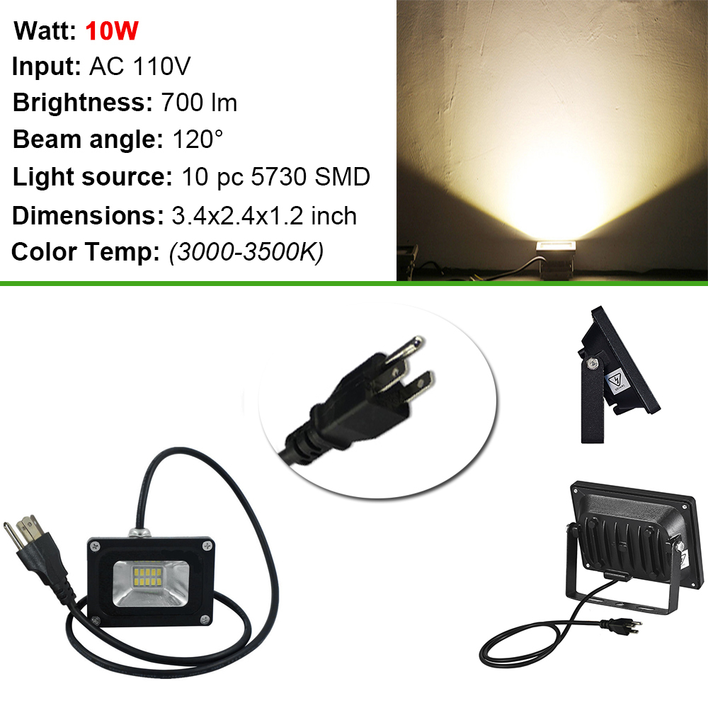10w Led Flood Light Outdoor Garden Spot Lamp Spotlight Us Plug Warm Picture 12 Of