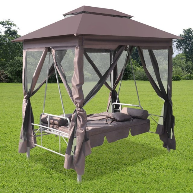 Patio Furniture Outdoor Gazebo Swing Chair Sunbed Backyard Hammock Patio Outdoor Gazebo Swing Canopy Hammock Seat Sunbed Sofa Curtains Coffee Brown